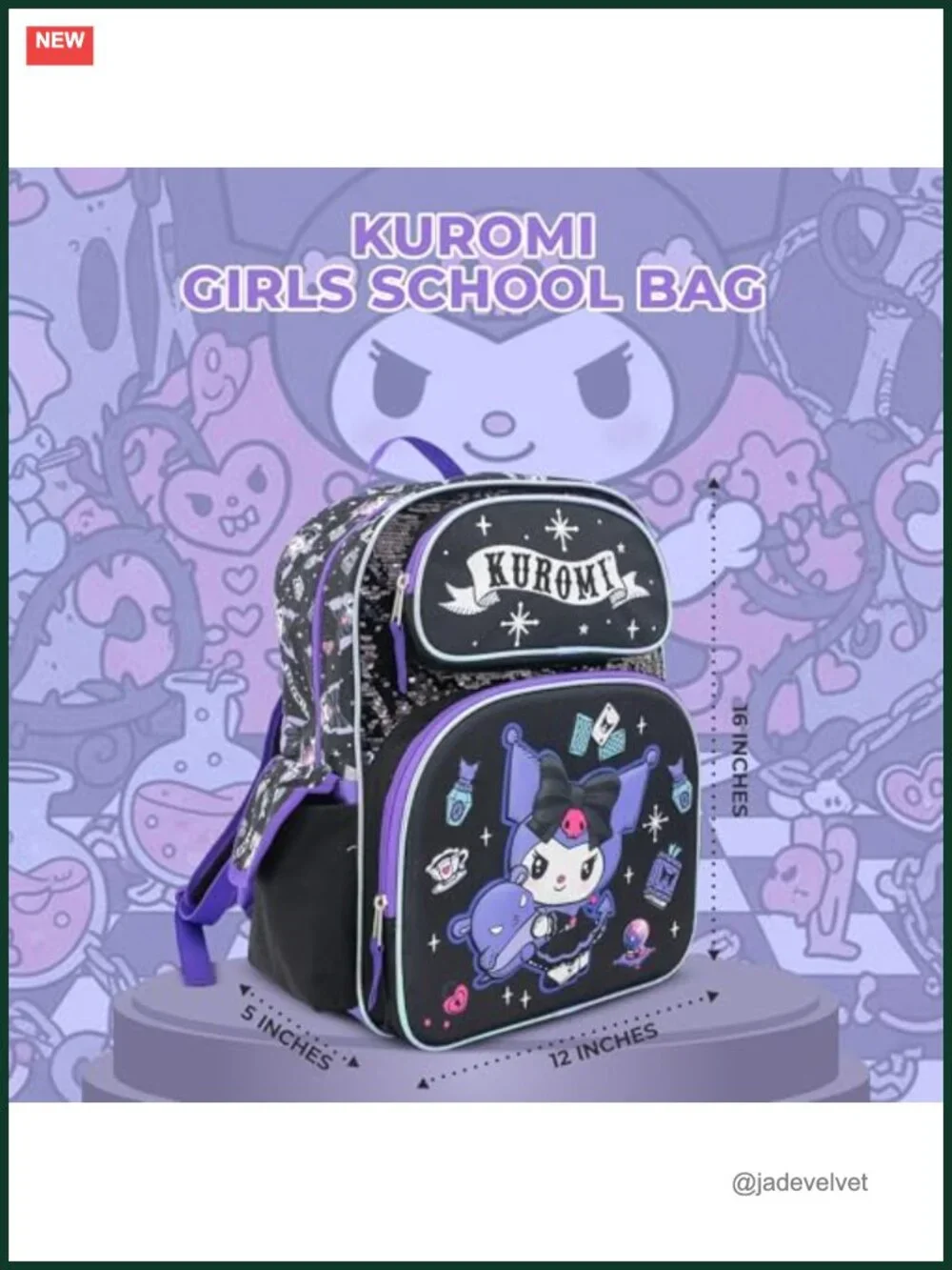 Kuromi Hello Kitty Sequin Backpack for Girls 16 Inch Sanrio School Bookbag